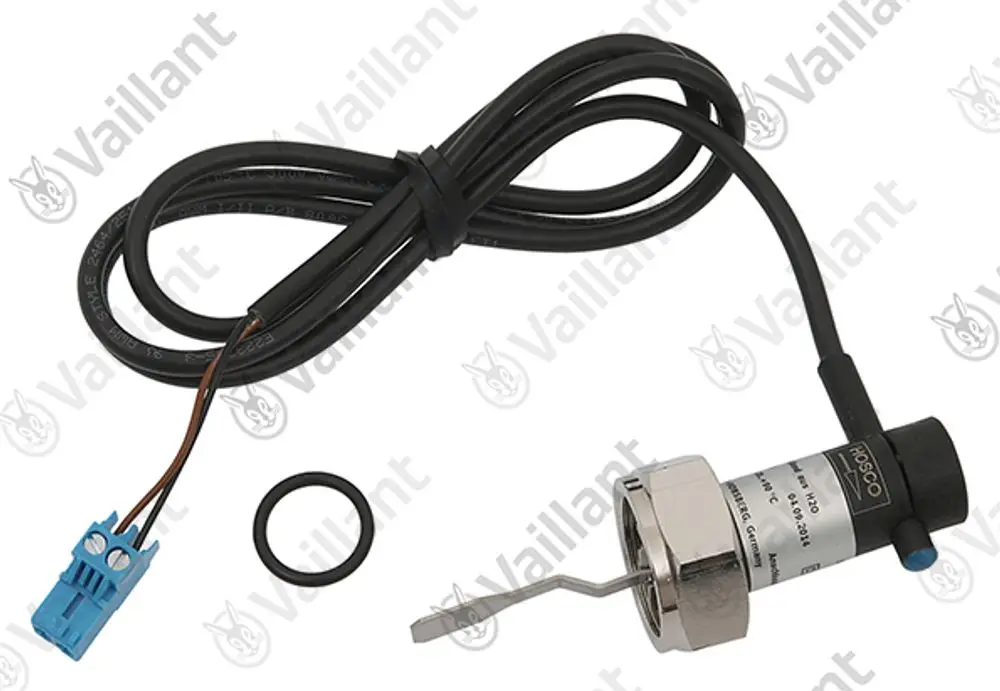 Strömungsschalter von Vaillant mit einem langen Kabel, blauer Steckverbinder, O-Ring und Montagehilfe. Geeignet für den Einsatz in Heizungsanlagen.